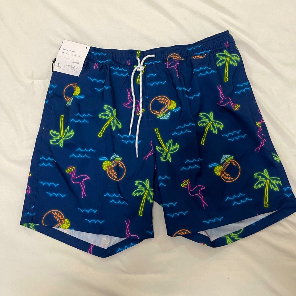 Swim Trunks, Goodfellow & Co, US Men’s L, 7” Inseam, Blue/Neon